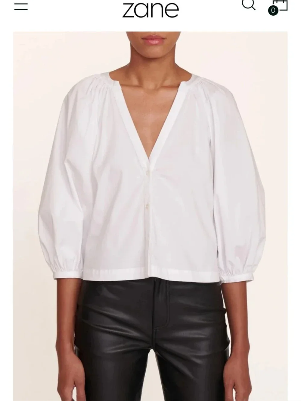 STAUD White V-Neck Button Poplin Blouse with Puff Sleeves
